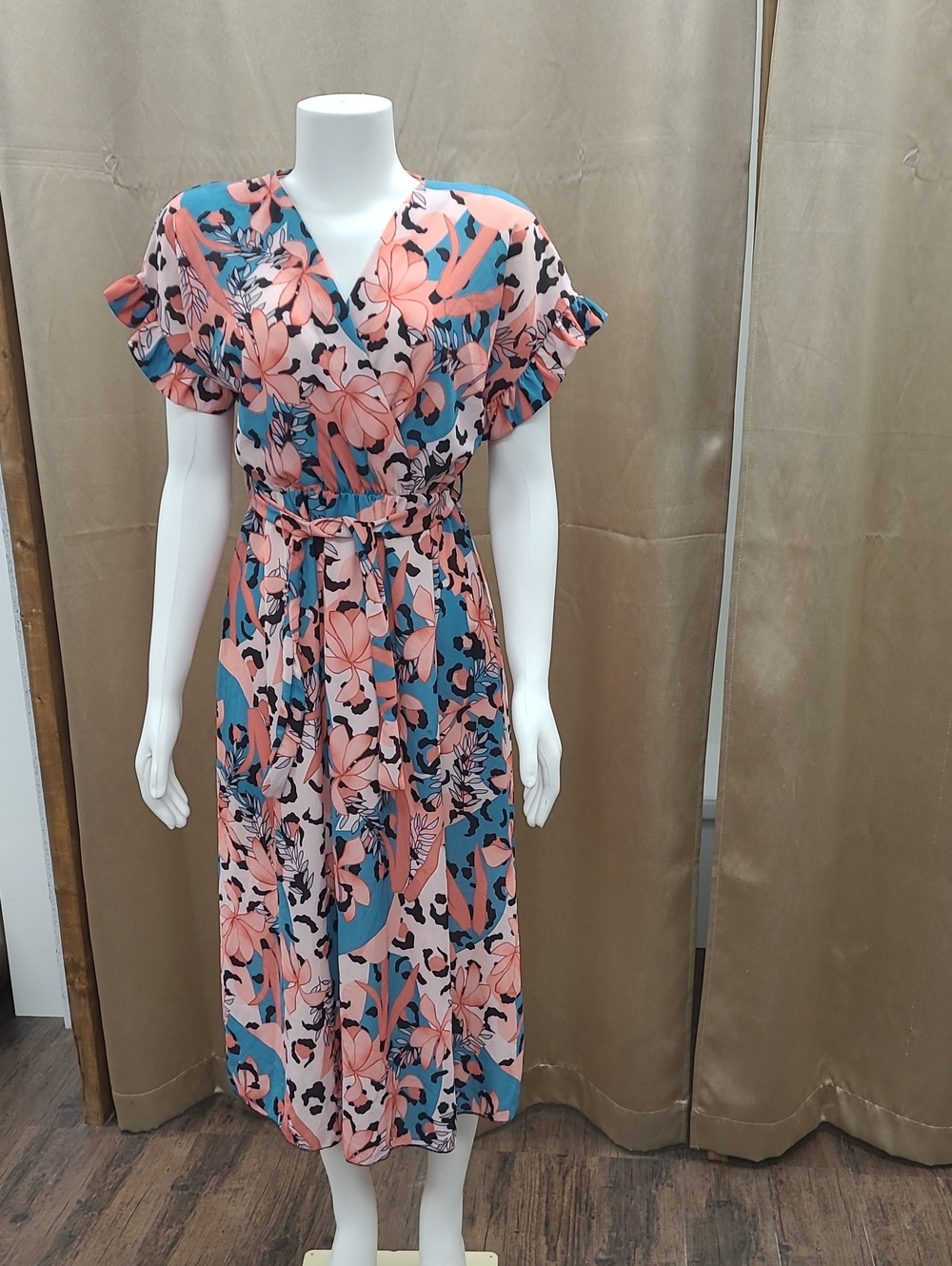 Floral Wrap Midi Dress in Coral and Teal made Italy